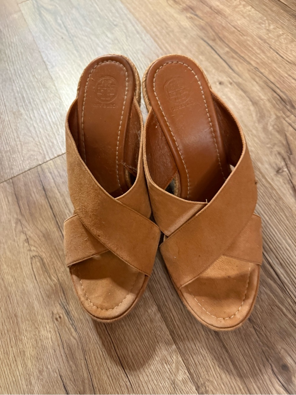 Tory Burch Cognac Suede Crisscross Mule Slides